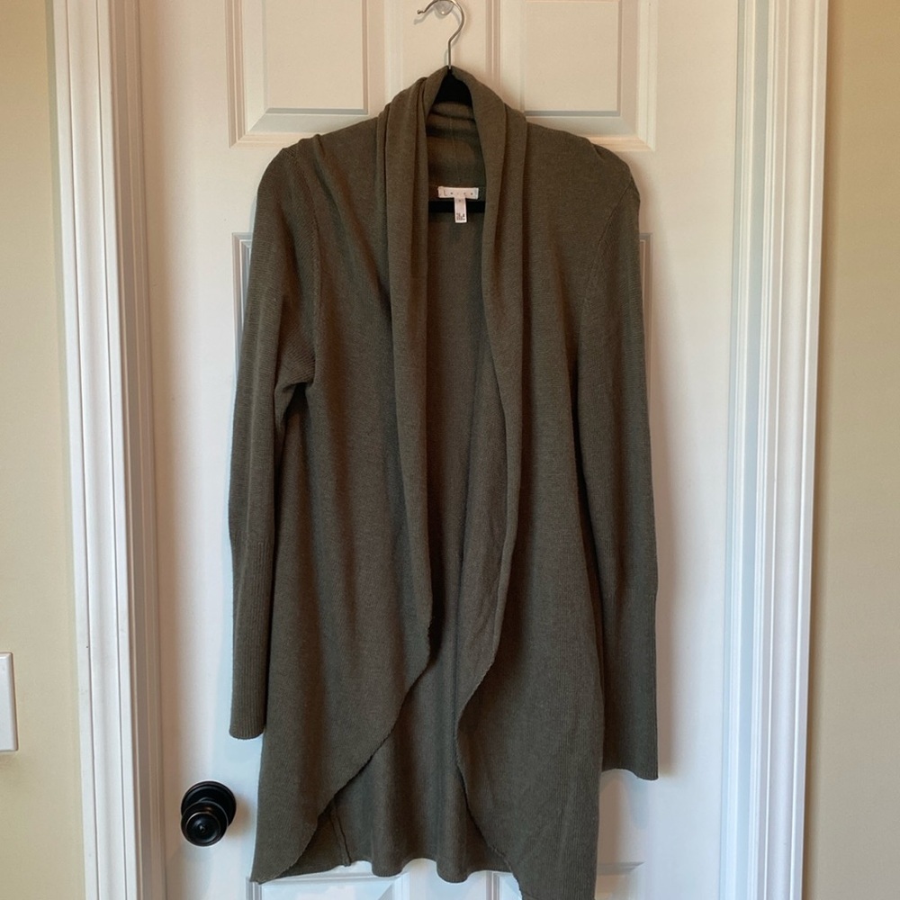 Leith Long Open Front Roll Collar Cardigan Sweater - Army Green - Size Small